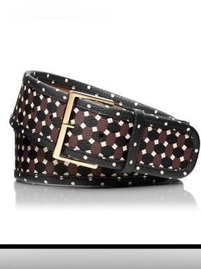 Tory Burch Haber belt. Brown and white geometric print leather belt.